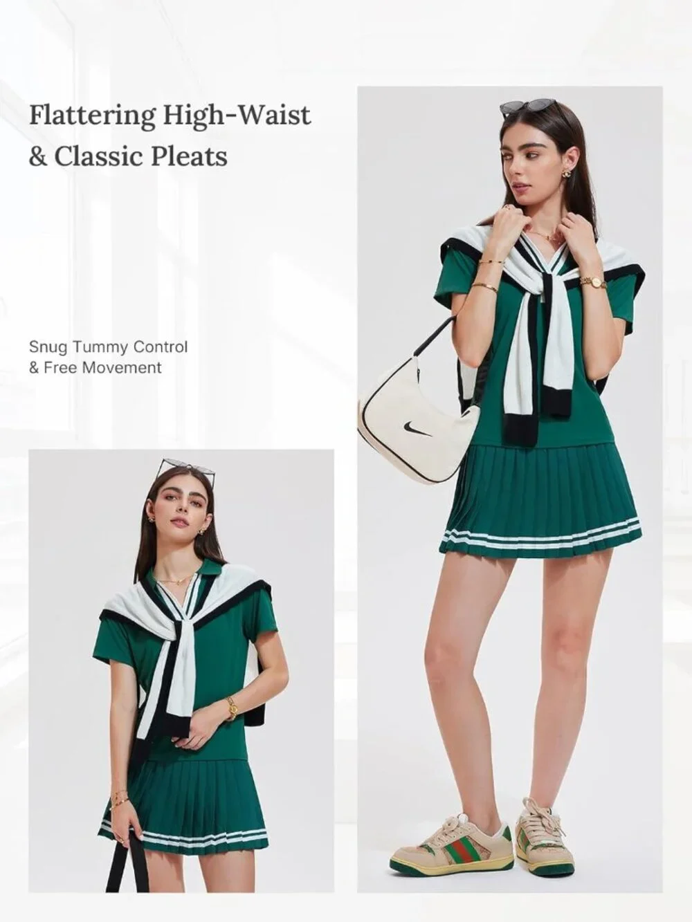 Women's Field Green 2 Piece Racer Back Tennis Skirts Tank Top Pull On Golf Dress